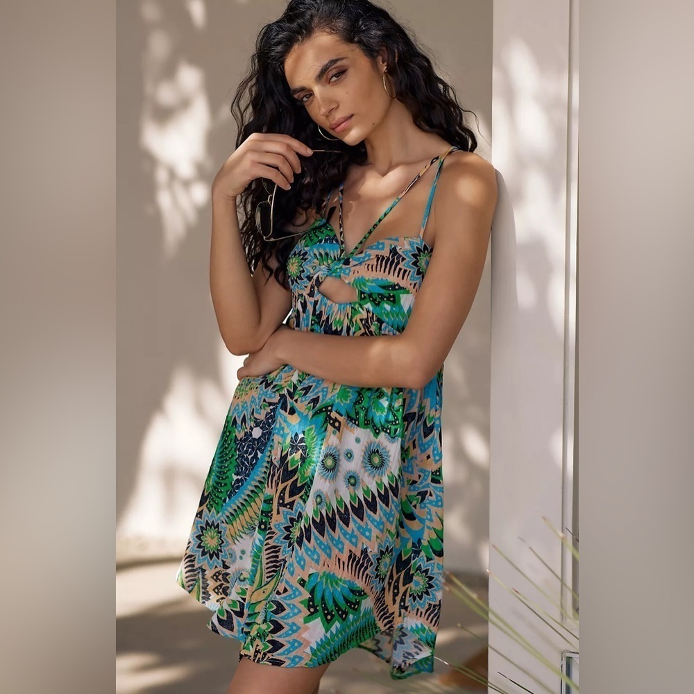 Anthropologie Daily Practice Boho Mini Dress Medium Green Blue Cutout Print